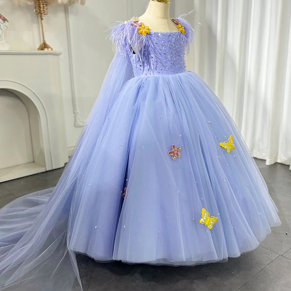 DreamyVow Luxury Dubai Lilac Girl Dress with Cape Feathers Ball Gown for Kid Wedding Birthday Communion Party Pageant 2024 J347-DreamyVow