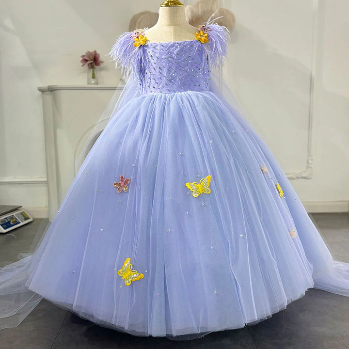 DreamyVow Luxury Dubai Lilac Girl Dress with Cape Feathers Ball Gown for Kid Wedding Birthday Communion Party Pageant 2024 J347-DreamyVow