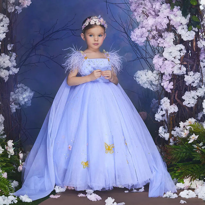 DreamyVow Luxury Dubai Lilac Girl Dress with Cape Feathers Ball Gown for Kid Wedding Birthday Communion Party Pageant 2024 J347-DreamyVow