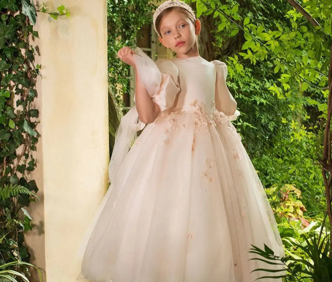 DreamyVow Luxury Dubai Pearl Flower Girl Dress Beading Princess Kids Wedding Birthday Party Evening Gown Communion 2024 J190-DreamyVow