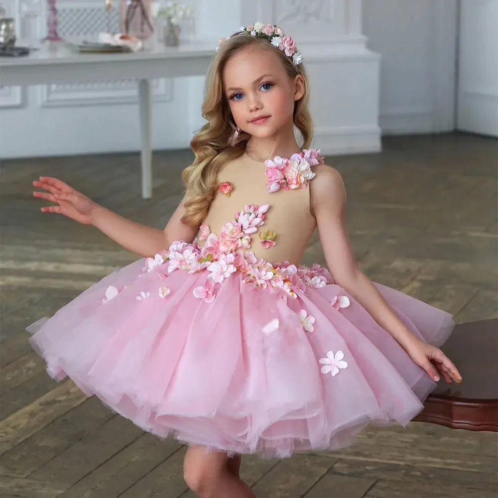 DreamyVow Luxury Dubai Pink Girl Dress 3D Flowers Sleeveless Ball Gown for Kids Wedding Birthday Communion Party Pageant J349-DreamyVow