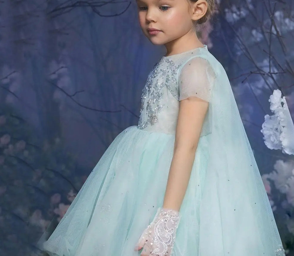 DreamyVow Luxury Dubai Sage Green Girl Dress with Cap Sleeve Princess Kids Wedding Birthday Party Evening Gown Communion J187-DreamyVow