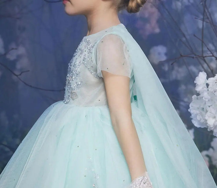 DreamyVow Luxury Dubai Sage Green Girl Dress with Cap Sleeve Princess Kids Wedding Birthday Party Evening Gown Communion J187-DreamyVow