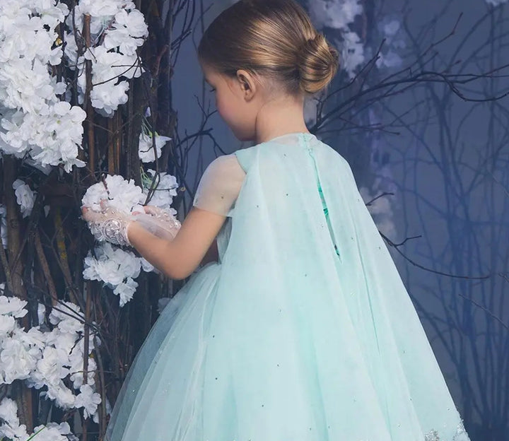 DreamyVow Luxury Dubai Sage Green Girl Dress with Cap Sleeve Princess Kids Wedding Birthday Party Evening Gown Communion J187-DreamyVow