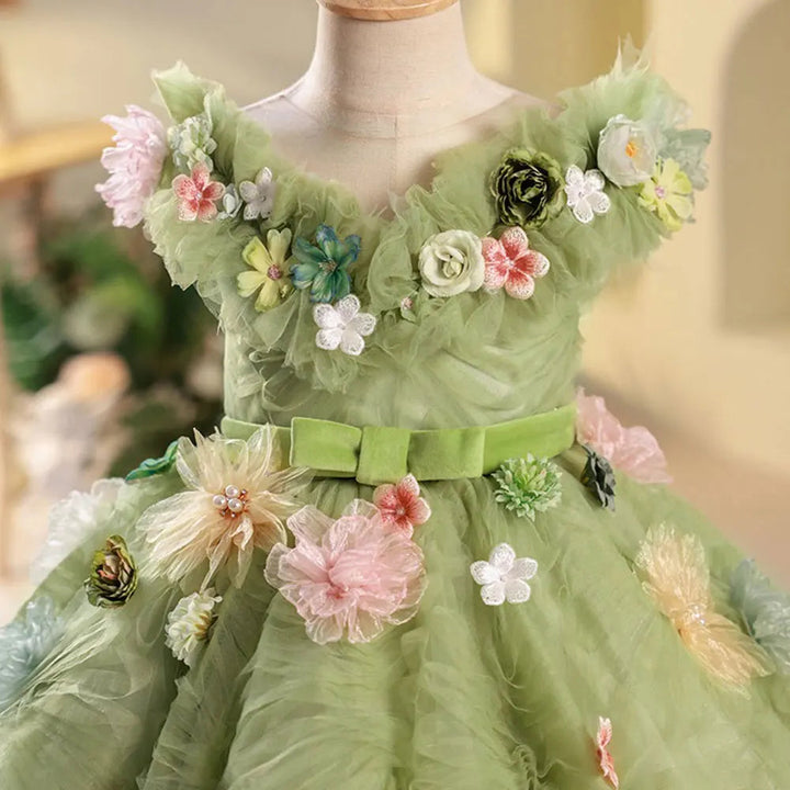 DreamyVow Luxury Dubai Sage Green Girl Dresses Pearls Handmade Flowers Princess Gown for Kids Birthday Wedding Party Show J086-DreamyVow