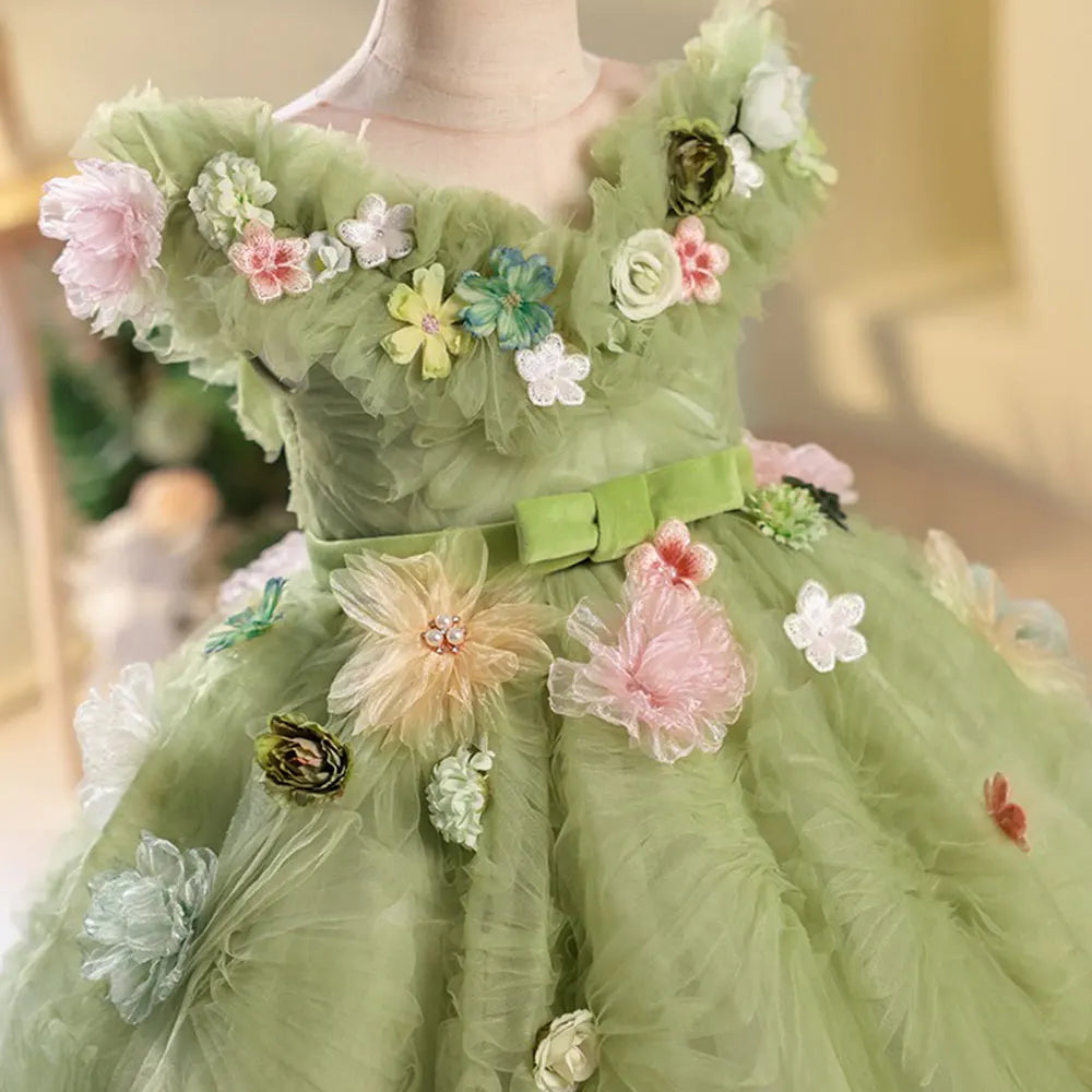 DreamyVow Luxury Dubai Sage Green Girl Dresses Pearls Handmade Flowers Princess Gown for Kids Birthday Wedding Party Show J086-DreamyVow