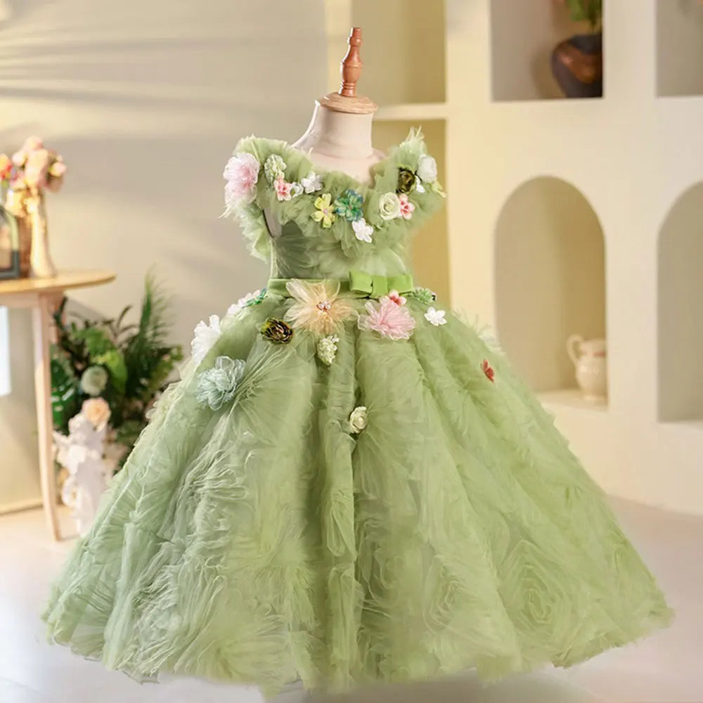 DreamyVow Luxury Dubai Sage Green Girl Dresses Pearls Handmade Flowers Princess Gown for Kids Birthday Wedding Party Show J086-DreamyVow