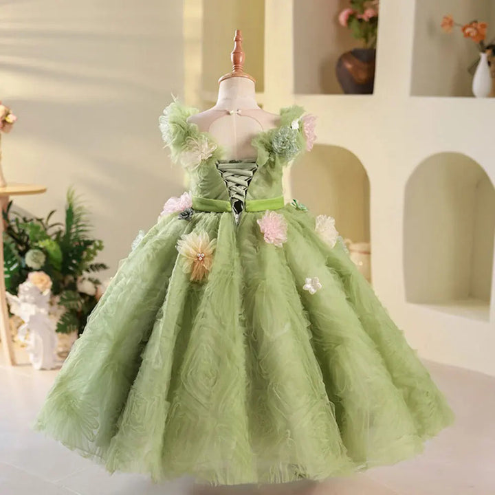 DreamyVow Luxury Dubai Sage Green Girl Dresses Pearls Handmade Flowers Princess Gown for Kids Birthday Wedding Party Show J086-DreamyVow