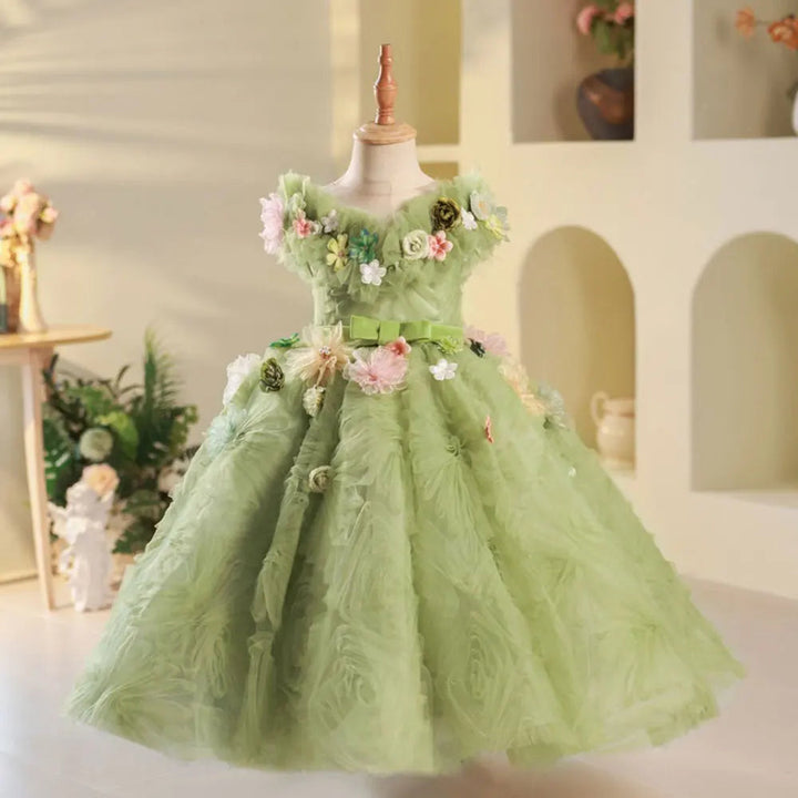 DreamyVow Luxury Dubai Sage Green Girl Dresses Pearls Handmade Flowers Princess Gown for Kids Birthday Wedding Party Show J086-DreamyVow