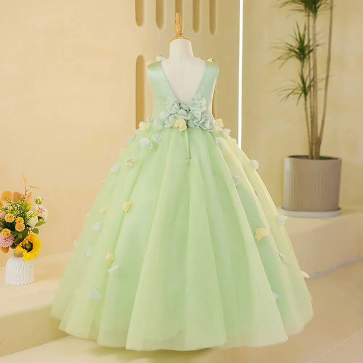 DreamyVow Luxury Dubai Sage Green Girl Dresses with Handmade Flowers Princess Gown for Kids Birthday Wedding Party Pageant J059-DreamyVow