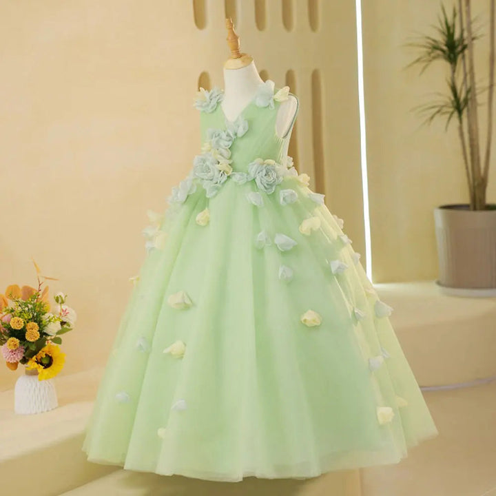 DreamyVow Luxury Dubai Sage Green Girl Dresses with Handmade Flowers Princess Gown for Kids Birthday Wedding Party Pageant J059-DreamyVow