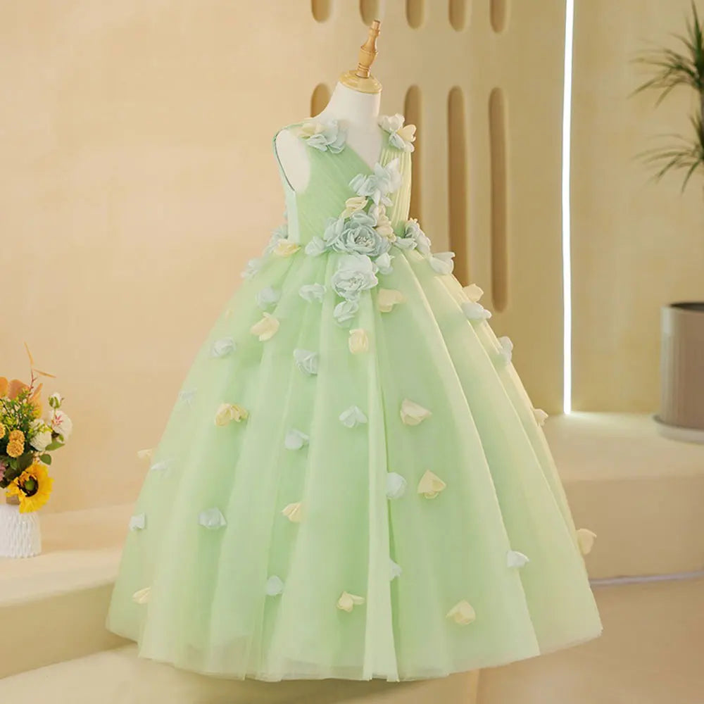 DreamyVow Luxury Dubai Sage Green Girl Dresses with Handmade Flowers Princess Gown for Kids Birthday Wedding Party Pageant J059-DreamyVow