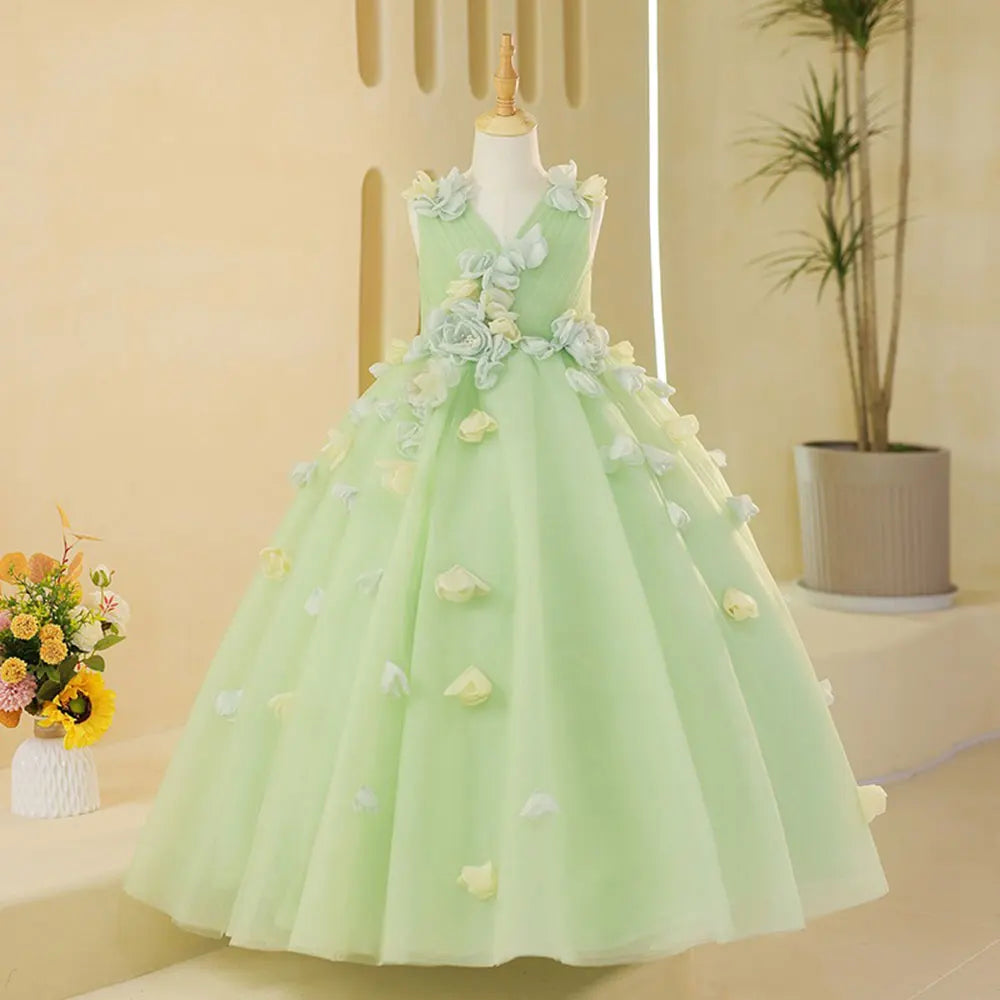 DreamyVow Luxury Dubai Sage Green Girl Dresses with Handmade Flowers Princess Gown for Kids Birthday Wedding Party Pageant J059-DreamyVow