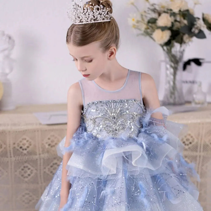 DreamyVow Luxury Dubai Sky Blue Flower Girl Dresses Beading Feathers Tiered Princess Gown for Kids Birthday Wedding Party J134-DreamyVow