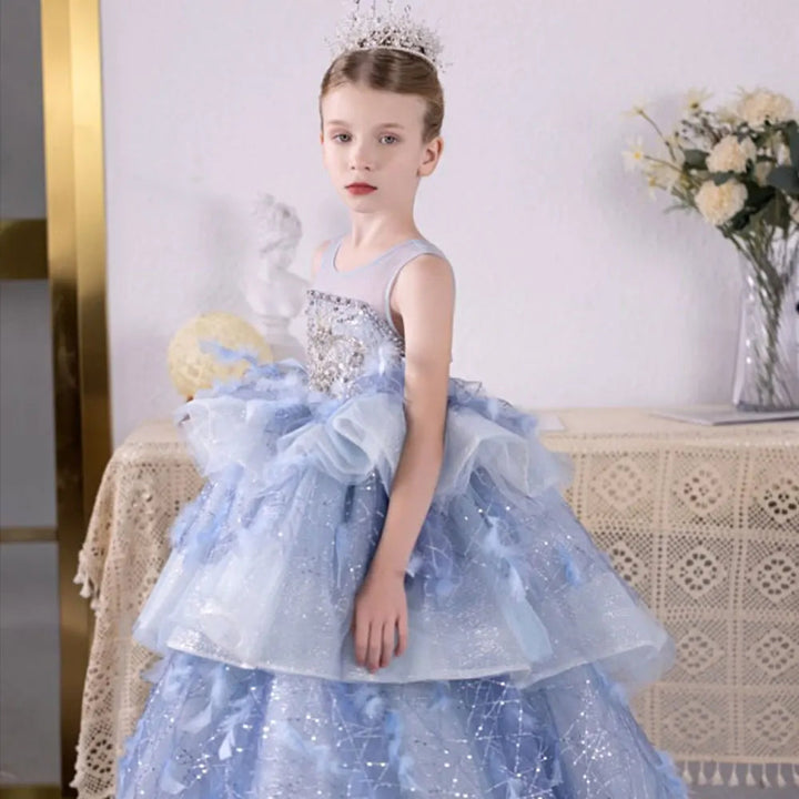 DreamyVow Luxury Dubai Sky Blue Flower Girl Dresses Beading Feathers Tiered Princess Gown for Kids Birthday Wedding Party J134-DreamyVow