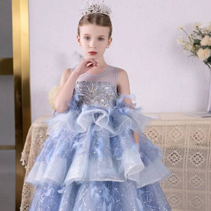 DreamyVow Luxury Dubai Sky Blue Flower Girl Dresses Beading Feathers Tiered Princess Gown for Kids Birthday Wedding Party J134-DreamyVow