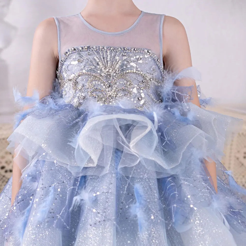 DreamyVow Luxury Dubai Sky Blue Flower Girl Dresses Beading Feathers Tiered Princess Gown for Kids Birthday Wedding Party J134-DreamyVow