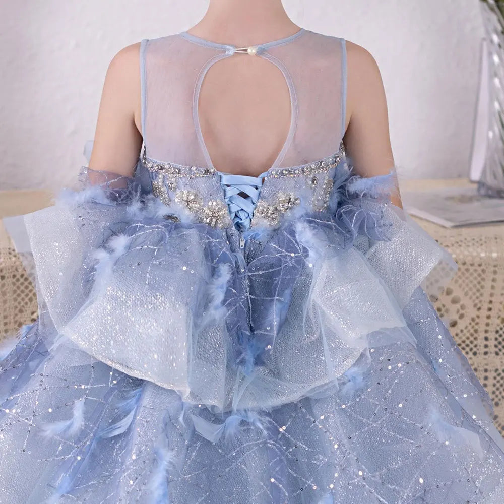 DreamyVow Luxury Dubai Sky Blue Flower Girl Dresses Beading Feathers Tiered Princess Gown for Kids Birthday Wedding Party J134-DreamyVow