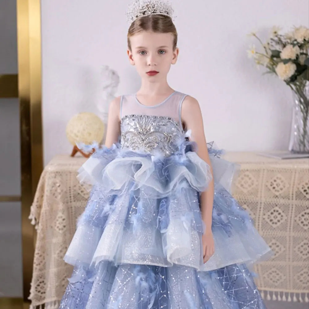 DreamyVow Luxury Dubai Sky Blue Flower Girl Dresses Beading Feathers Tiered Princess Gown for Kids Birthday Wedding Party J134-DreamyVow