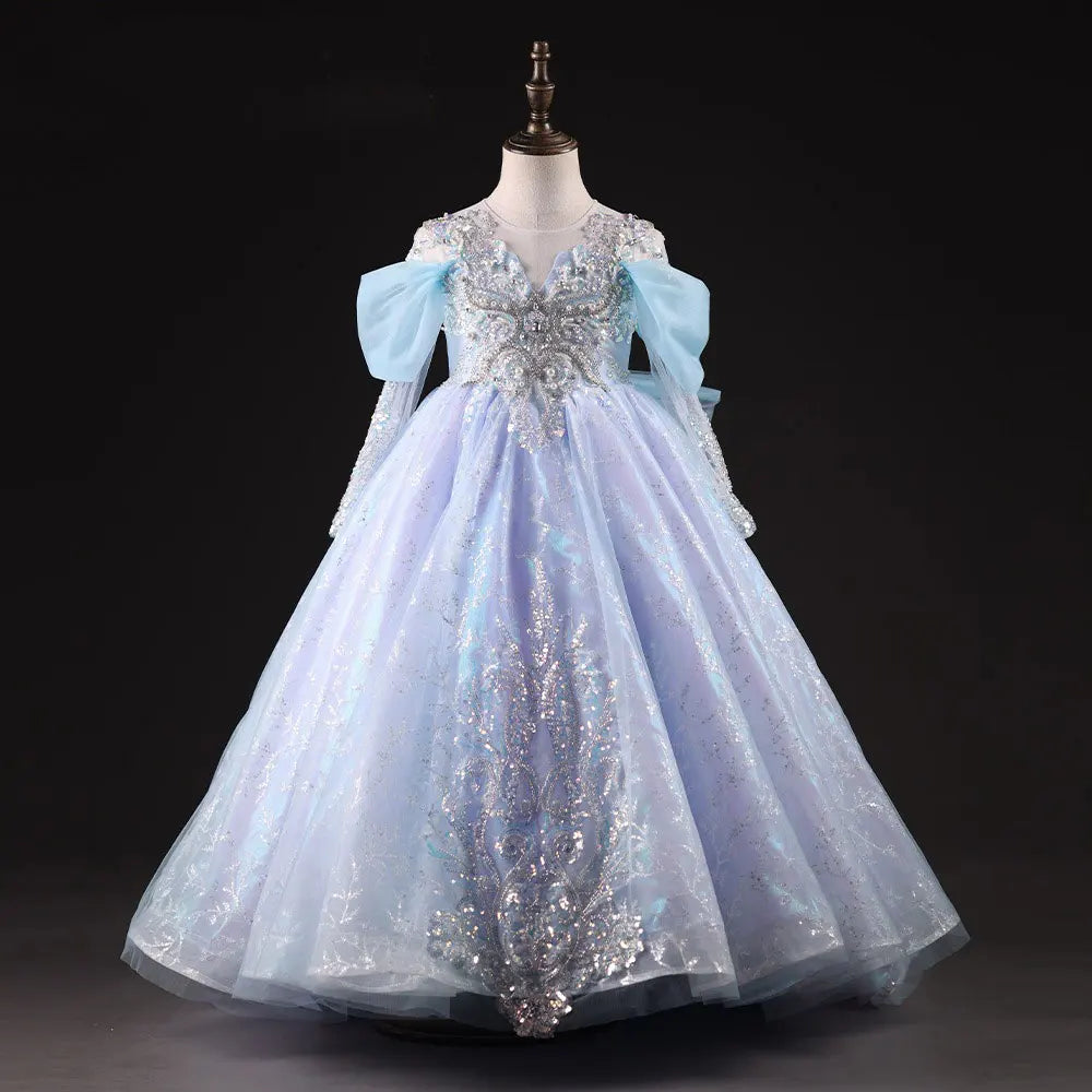 DreamyVow Luxury Dubai Sky Blue Girl Dresses Pearls Beading Princess Evening Gown for Kids Birthday Wedding Party Pageant J035-DreamyVow