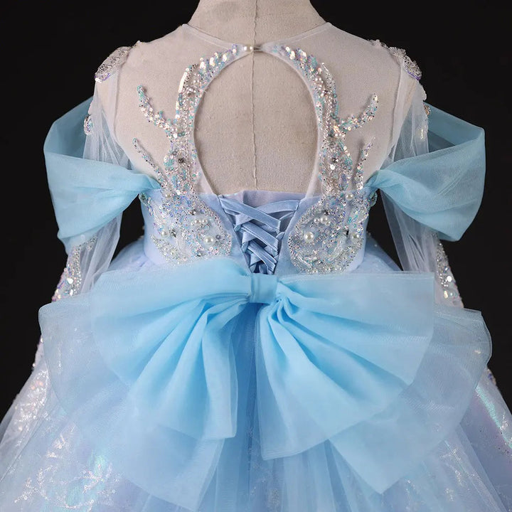 DreamyVow Luxury Dubai Sky Blue Girl Dresses Pearls Beading Princess Evening Gown for Kids Birthday Wedding Party Pageant J035-DreamyVow