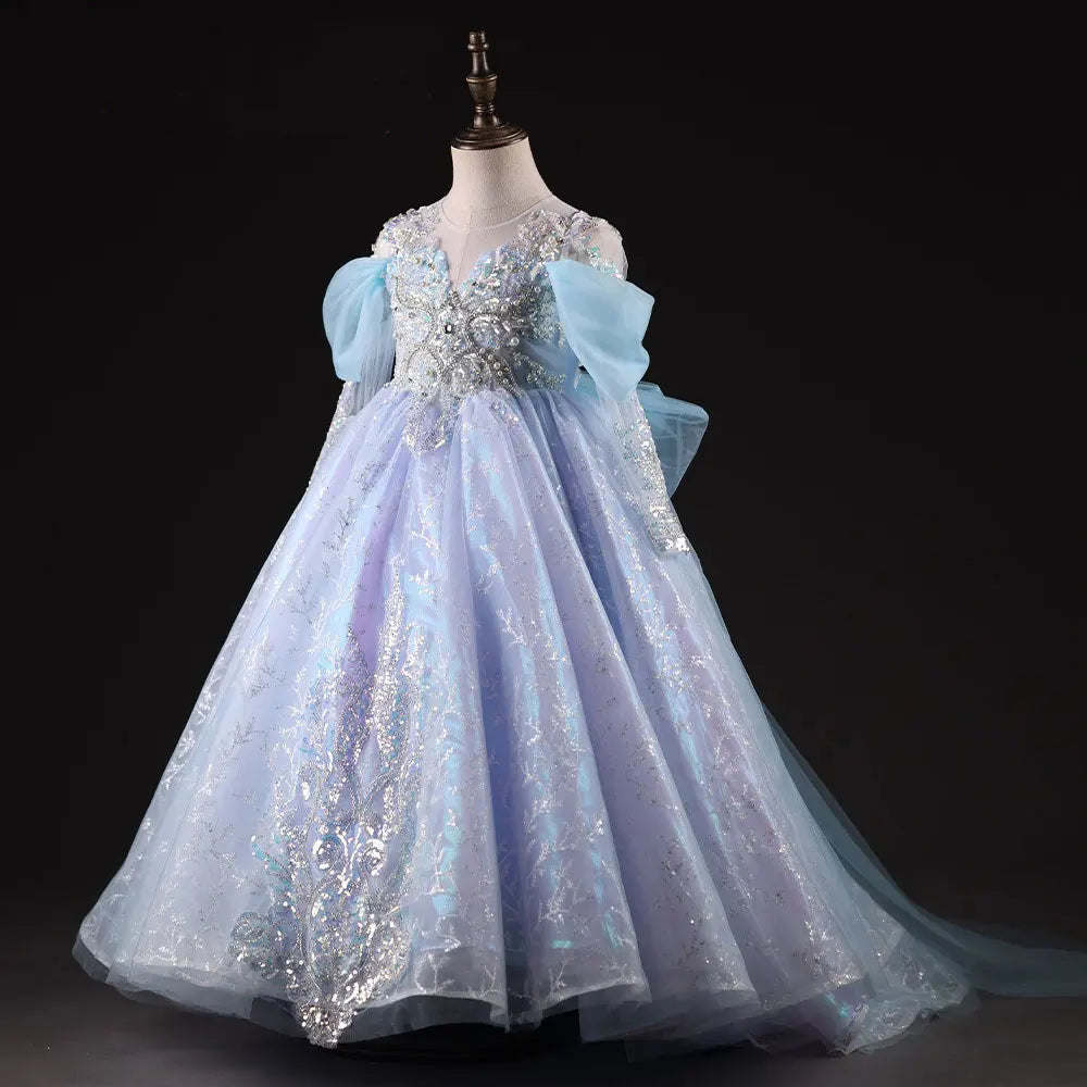 DreamyVow Luxury Dubai Sky Blue Girl Dresses Pearls Beading Princess Evening Gown for Kids Birthday Wedding Party Pageant J035-DreamyVow