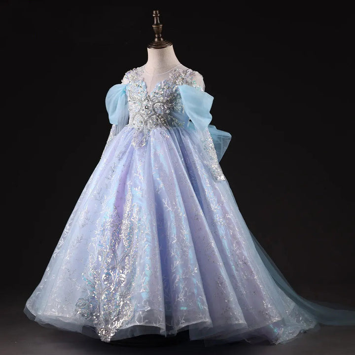 DreamyVow Luxury Dubai Sky Blue Girl Dresses Pearls Beading Princess Evening Gown for Kids Birthday Wedding Party Pageant J035-DreamyVow