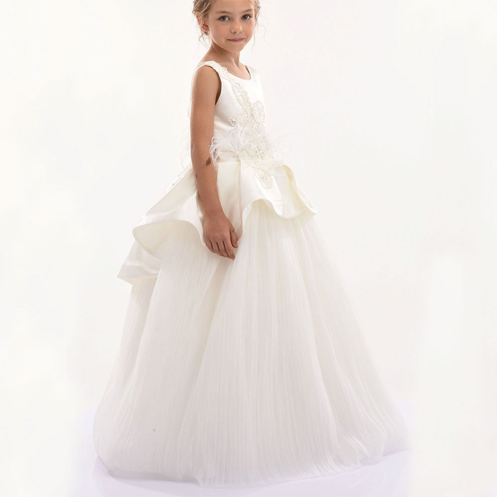 DreamyVow Luxury Dubai White Girl Dress 3D Flowers Beading Ball Gown for Kid Wedding Birthday Communion Party Pageant 2024 J322-DreamyVow