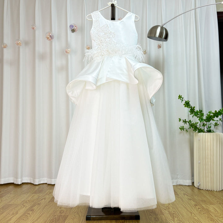 DreamyVow Luxury Dubai White Girl Dress 3D Flowers Beading Ball Gown for Kid Wedding Birthday Communion Party Pageant 2024 J322-DreamyVow