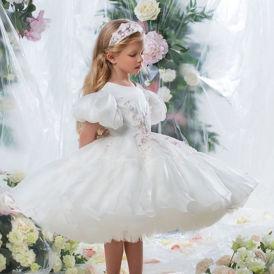 DreamyVow Luxury Dubai White Girl Dress 3D Flowers Beading Ball Gown for Kid Wedding Birthday Communion Party Pageant 2024 J348-DreamyVow