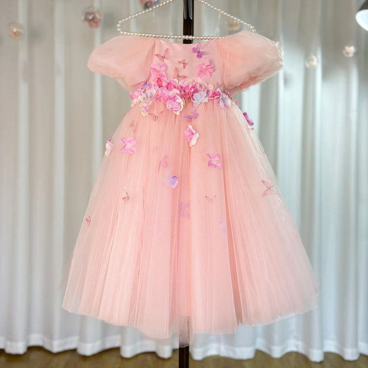 DreamyVow Luxury Elegant Arabic Pink Girl Dress 3D Flowers Dubai Princess Gown for Kids Wedding Birthday Communion Party J141-DreamyVow