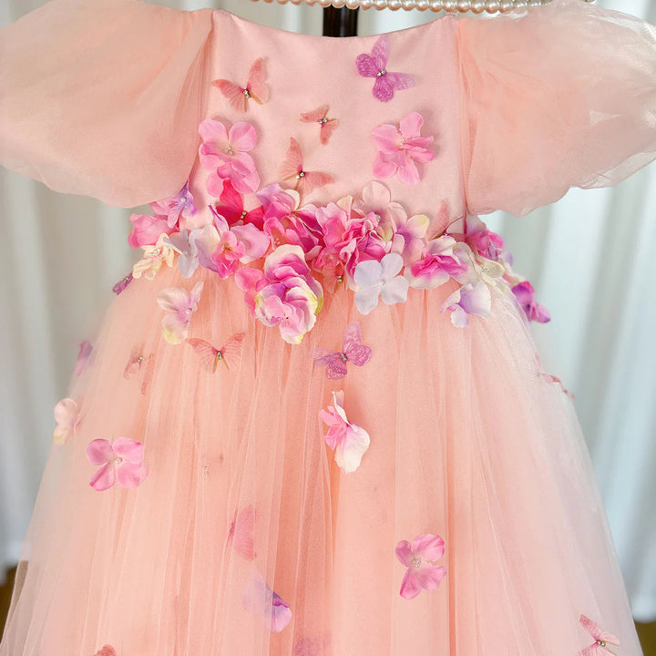 DreamyVow Luxury Elegant Arabic Pink Girl Dress 3D Flowers Dubai Princess Gown for Kids Wedding Birthday Communion Party J141-DreamyVow