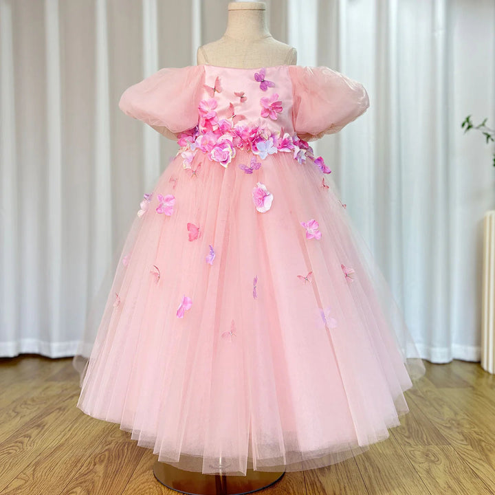 DreamyVow Luxury Elegant Arabic Pink Girl Dress 3D Flowers Dubai Princess Gown for Kids Wedding Birthday Communion Party J141-DreamyVow