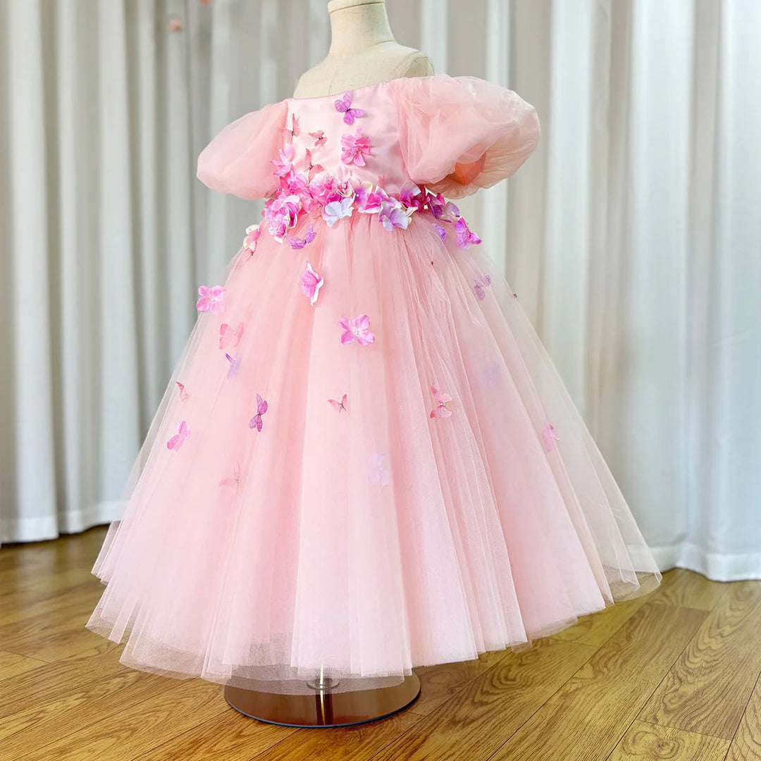 DreamyVow Luxury Elegant Arabic Pink Girl Dress 3D Flowers Dubai Princess Gown for Kids Wedding Birthday Communion Party J141-DreamyVow