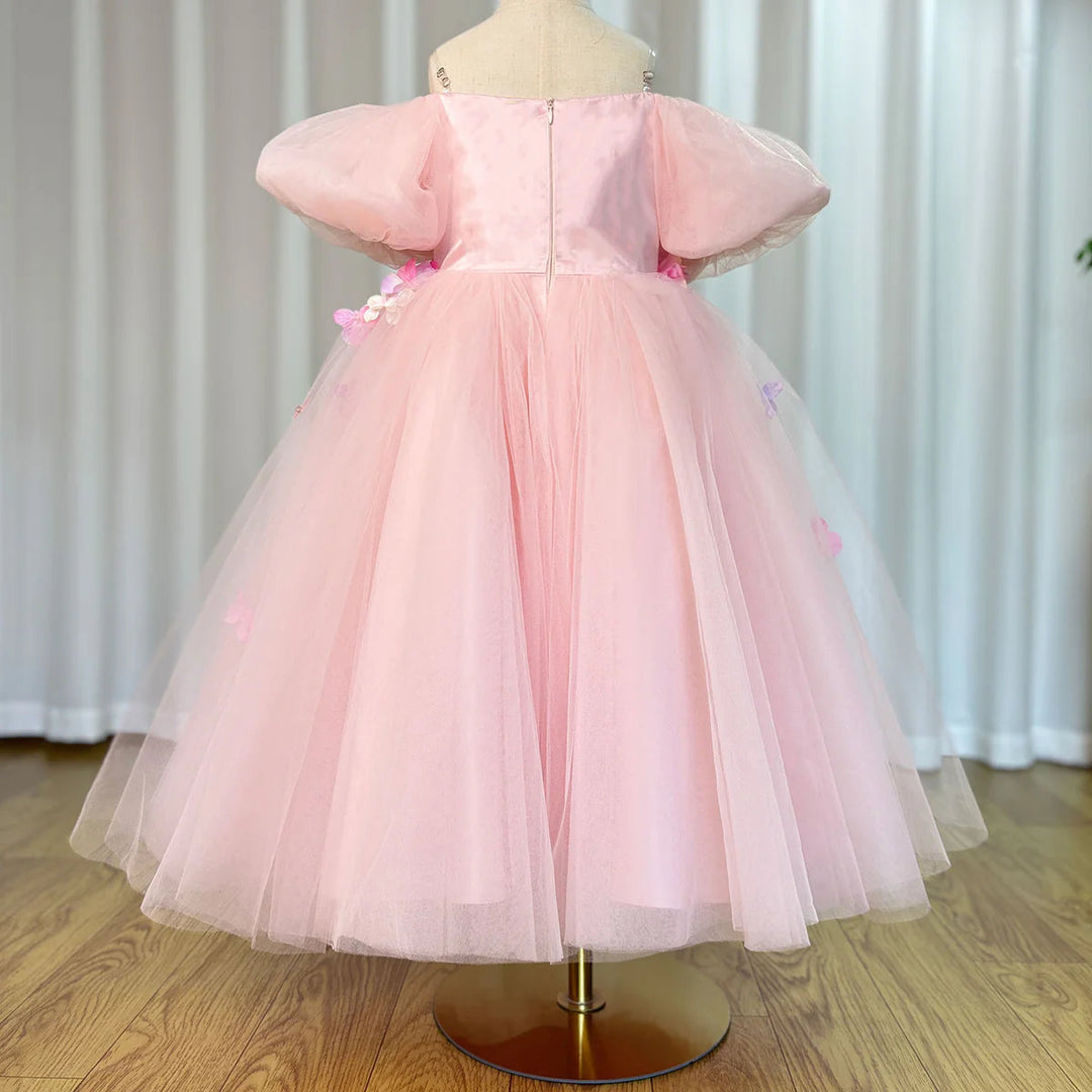 DreamyVow Luxury Elegant Arabic Pink Girl Dress 3D Flowers Dubai Princess Gown for Kids Wedding Birthday Communion Party J141-DreamyVow