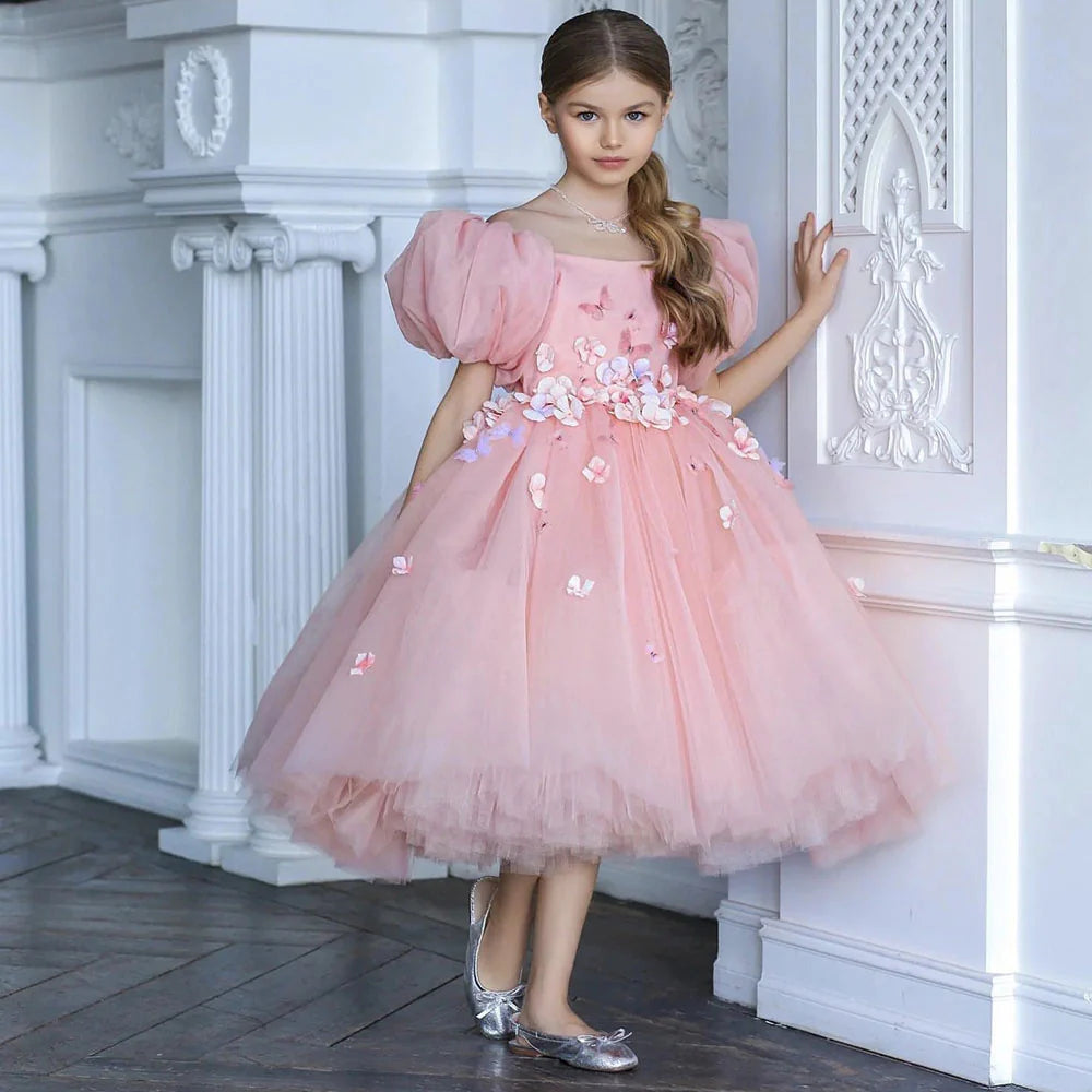 DreamyVow Luxury Elegant Arabic Pink Girl Dress 3D Flowers Dubai Princess Gown for Kids Wedding Birthday Communion Party J141-DreamyVow