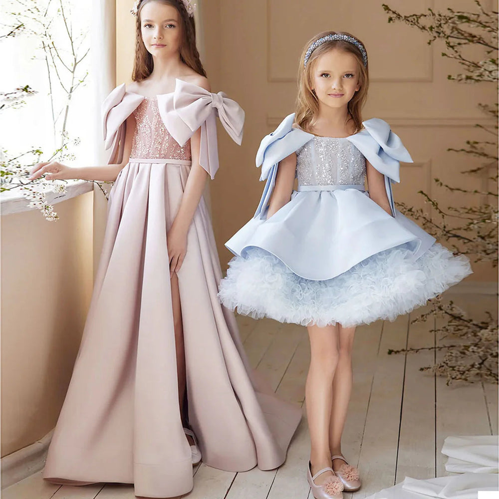 DreamyVow Luxury Elegant Pink Flower Girl Dress Bow Sequined Blue Princess Gown for Kids Wedding Birthday Communion Party J148-DreamyVow