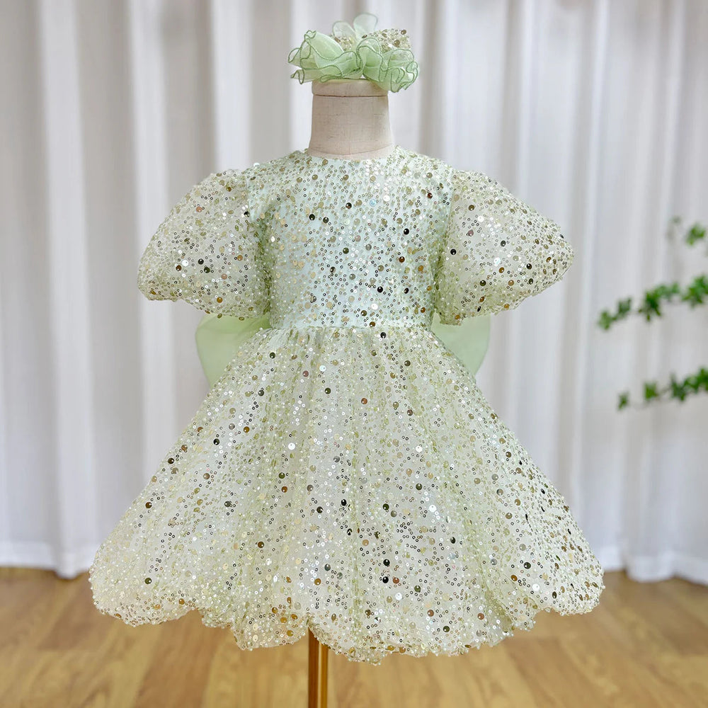 DreamyVow Luxury Elegant Shiny Sage Girl Dress Bow Princess Baby Kids Wedding Birthday Party Gown First Communion Pageant J156-DreamyVow