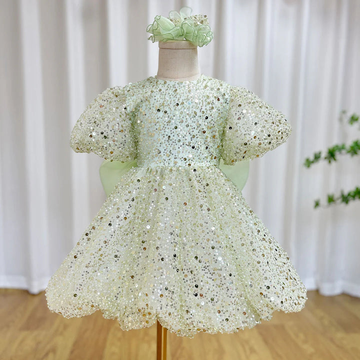 DreamyVow Luxury Elegant Shiny Sage Girl Dress Bow Princess Baby Kids Wedding Birthday Party Gown First Communion Pageant J156-DreamyVow