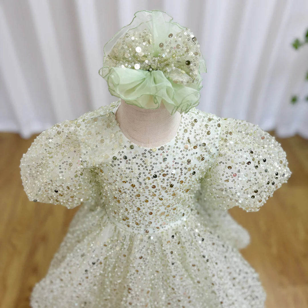 DreamyVow Luxury Elegant Shiny Sage Girl Dress Bow Princess Baby Kids Wedding Birthday Party Gown First Communion Pageant J156-DreamyVow