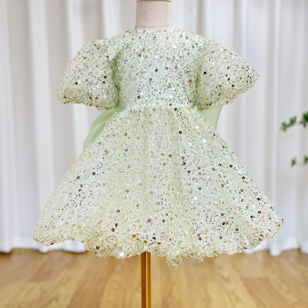 DreamyVow Luxury Elegant Shiny Sage Girl Dress Bow Princess Baby Kids Wedding Birthday Party Gown First Communion Pageant J156-DreamyVow