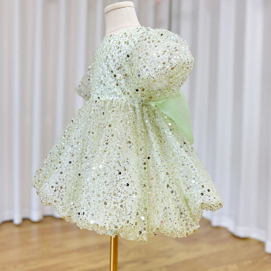 DreamyVow Luxury Elegant Shiny Sage Girl Dress Bow Princess Baby Kids Wedding Birthday Party Gown First Communion Pageant J156-DreamyVow