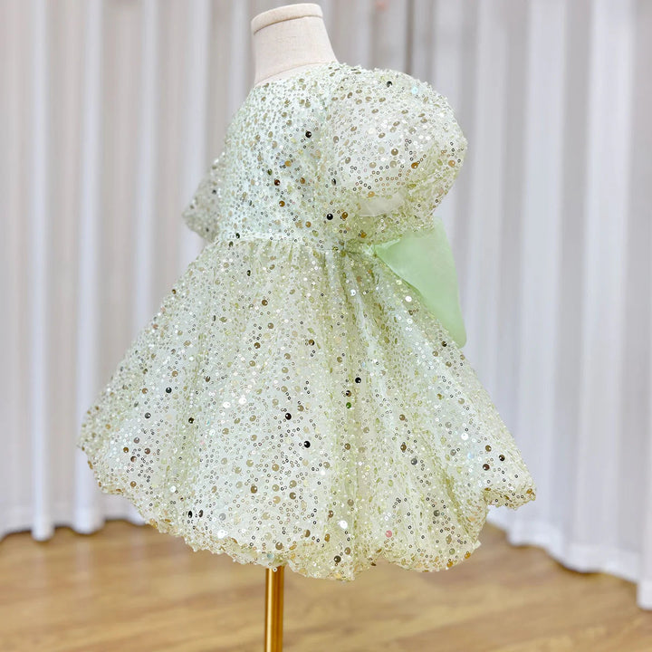 DreamyVow Luxury Elegant Shiny Sage Girl Dress Bow Princess Baby Kids Wedding Birthday Party Gown First Communion Pageant J156-DreamyVow