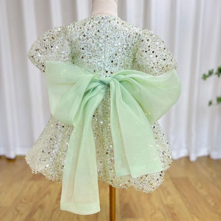 DreamyVow Luxury Elegant Shiny Sage Girl Dress Bow Princess Baby Kids Wedding Birthday Party Gown First Communion Pageant J156-DreamyVow