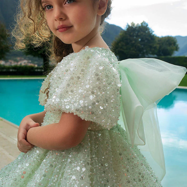 DreamyVow Luxury Elegant Shiny Sage Girl Dress Bow Princess Baby Kids Wedding Birthday Party Gown First Communion Pageant J156-DreamyVow