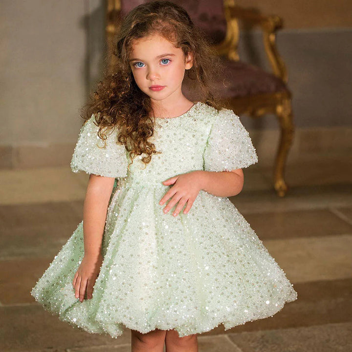 DreamyVow Luxury Elegant Shiny Sage Girl Dress Bow Princess Baby Kids Wedding Birthday Party Gown First Communion Pageant J156-DreamyVow