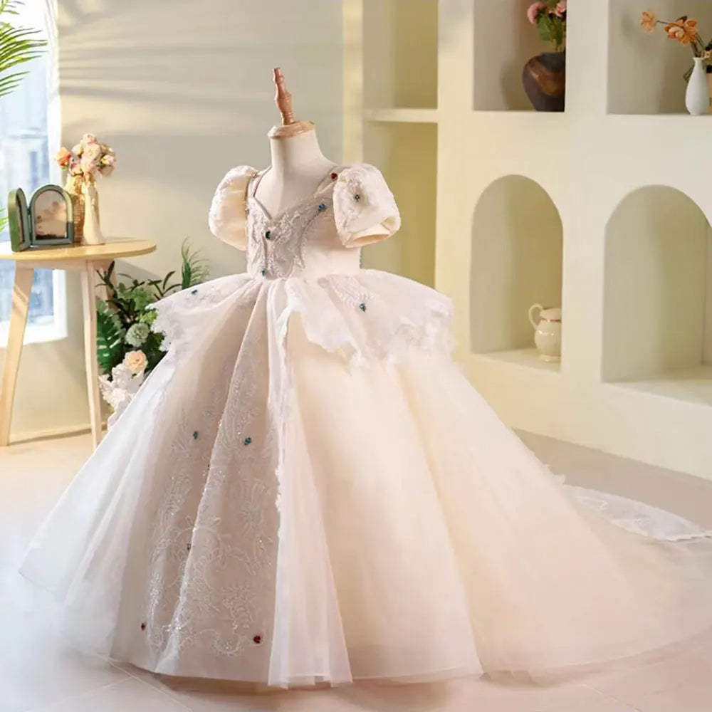 DreamyVow Luxury Elegant White Flower Girl Dress Beads Arabic Princess Kids Wedding Birthday Party Ball Gown Communion 2024 J248-DreamyVow