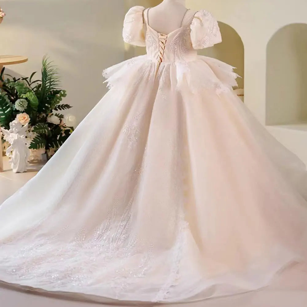 DreamyVow Luxury Elegant White Flower Girl Dress Beads Arabic Princess Kids Wedding Birthday Party Ball Gown Communion 2024 J248-DreamyVow