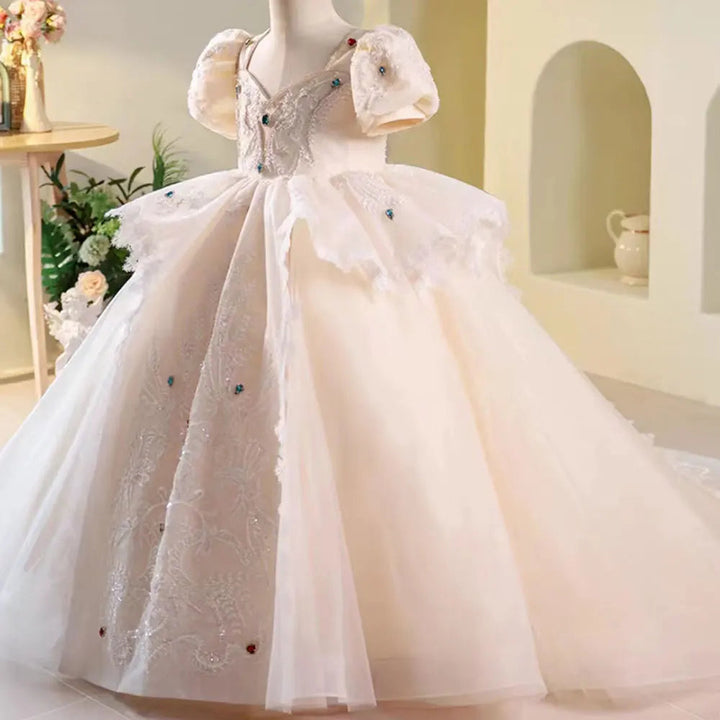 DreamyVow Luxury Elegant White Flower Girl Dress Beads Arabic Princess Kids Wedding Birthday Party Ball Gown Communion 2024 J248-DreamyVow