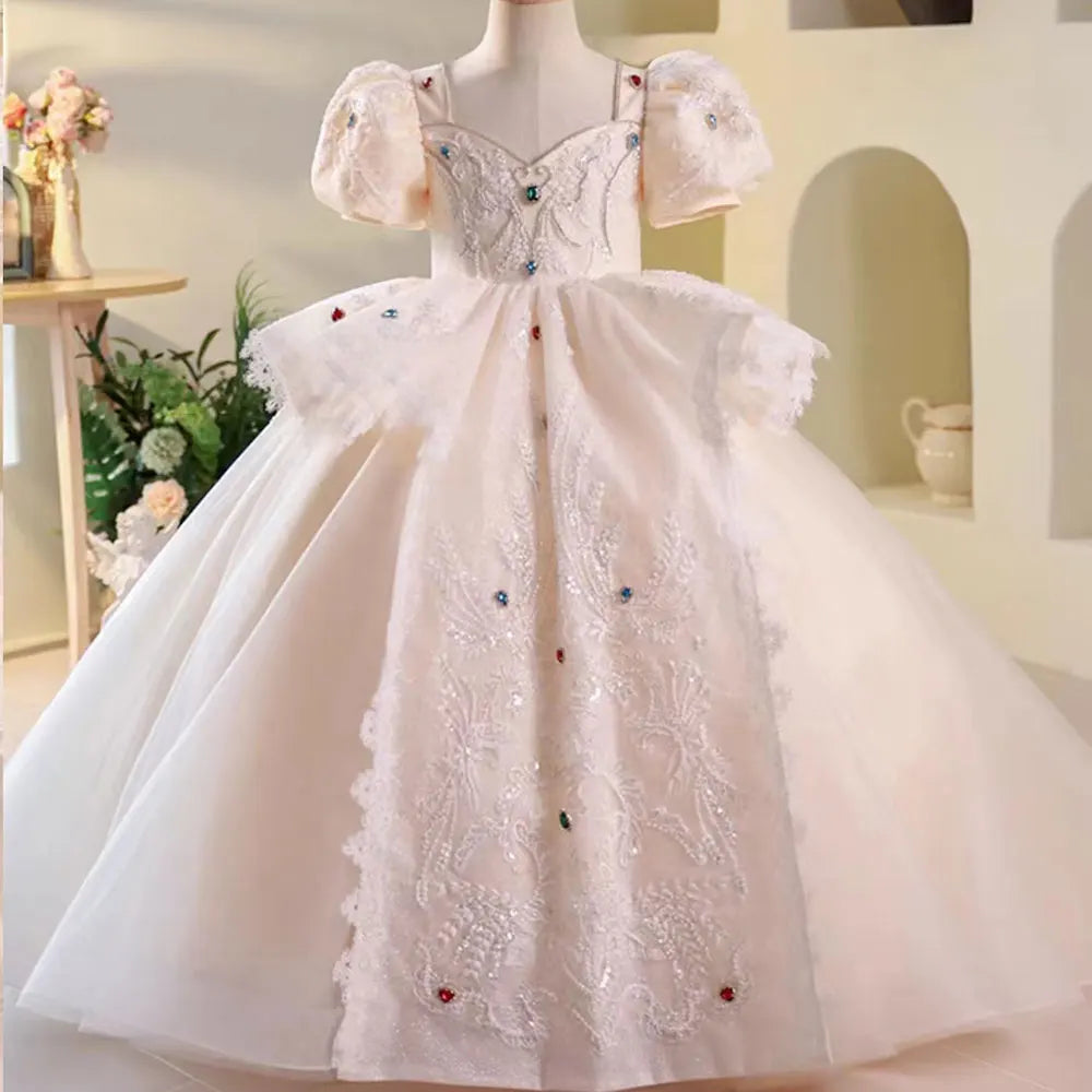 DreamyVow Luxury Elegant White Flower Girl Dress Beads Arabic Princess Kids Wedding Birthday Party Ball Gown Communion 2024 J248-DreamyVow